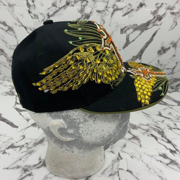 Fashion Caps Black | Gold | Orange Crosses & Wings Rhinestones Fitted Cap